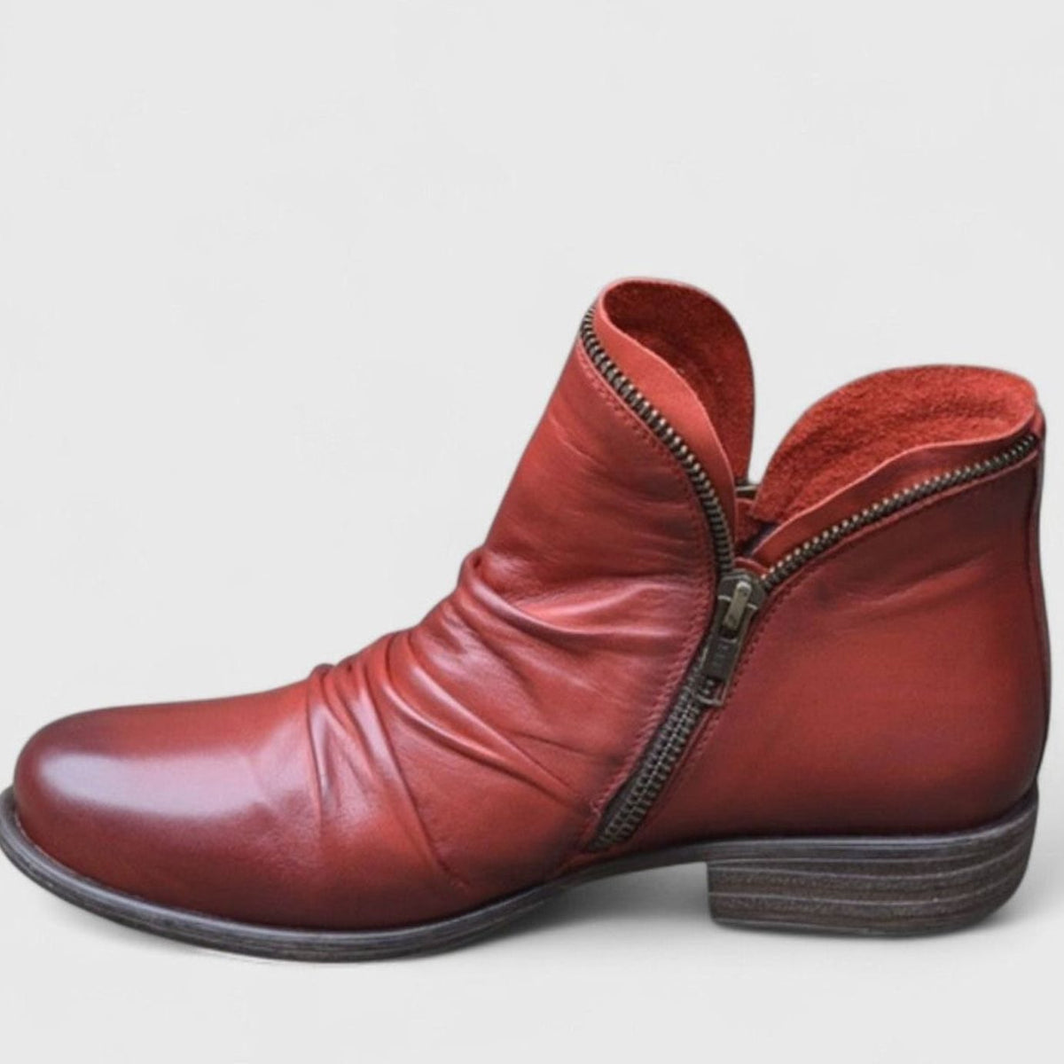 Women's Orthopedic Ruched Leather Ankle Boots with Side Zip