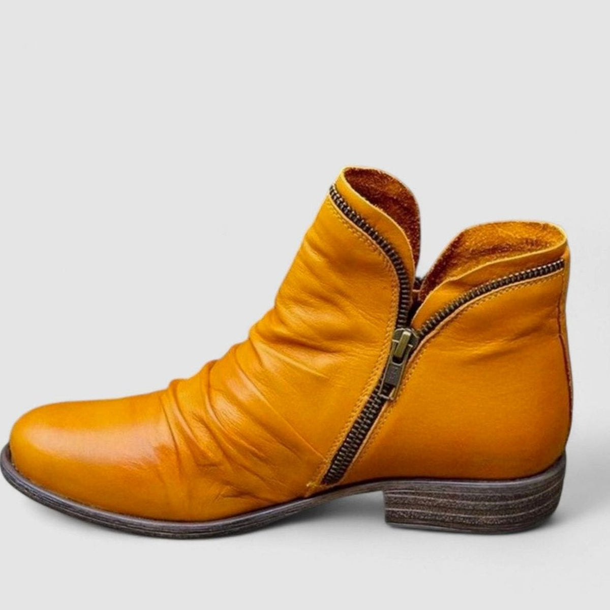 Women's Orthopedic Ruched Leather Ankle Boots with Side Zip