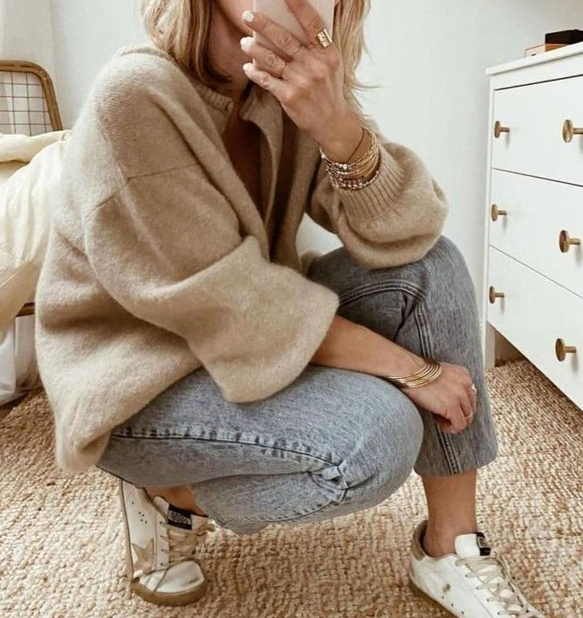 Women's Oversized Button-Up Knit Cardigan with Ribbed Cuffs