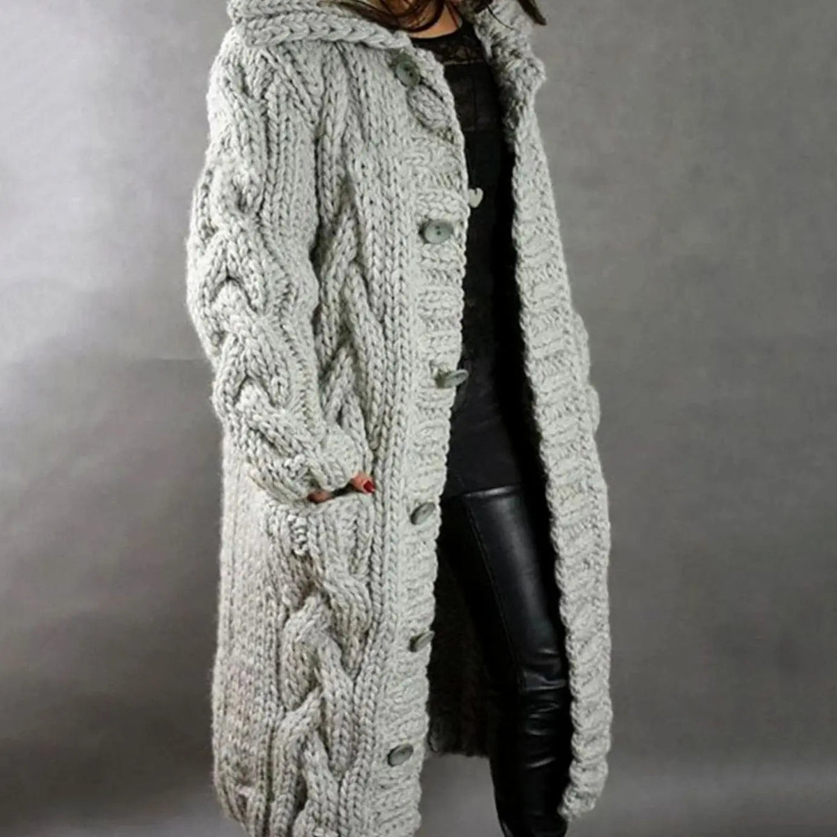 Women's Oversized Cable-Knit Hooded Button-Front Cardigan