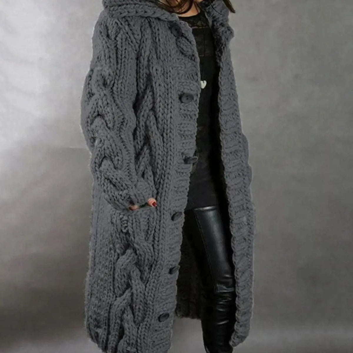 Women's Oversized Cable-Knit Hooded Button-Front Cardigan