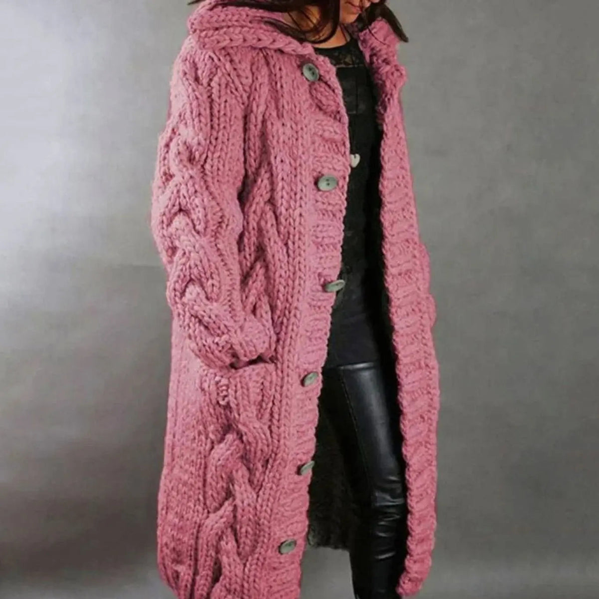 Women's Oversized Cable-Knit Hooded Button-Front Cardigan