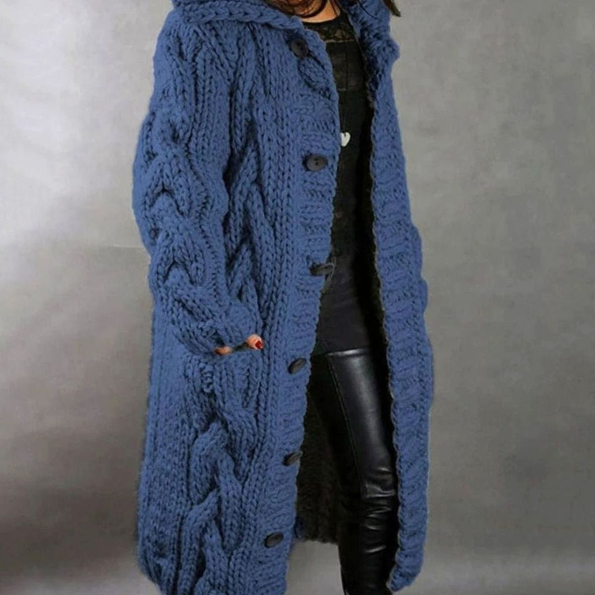 Women's Oversized Cable-Knit Hooded Button Long Cardigan Coat