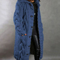 Women's Oversized Cable-Knit Hooded Button Long Cardigan Coat