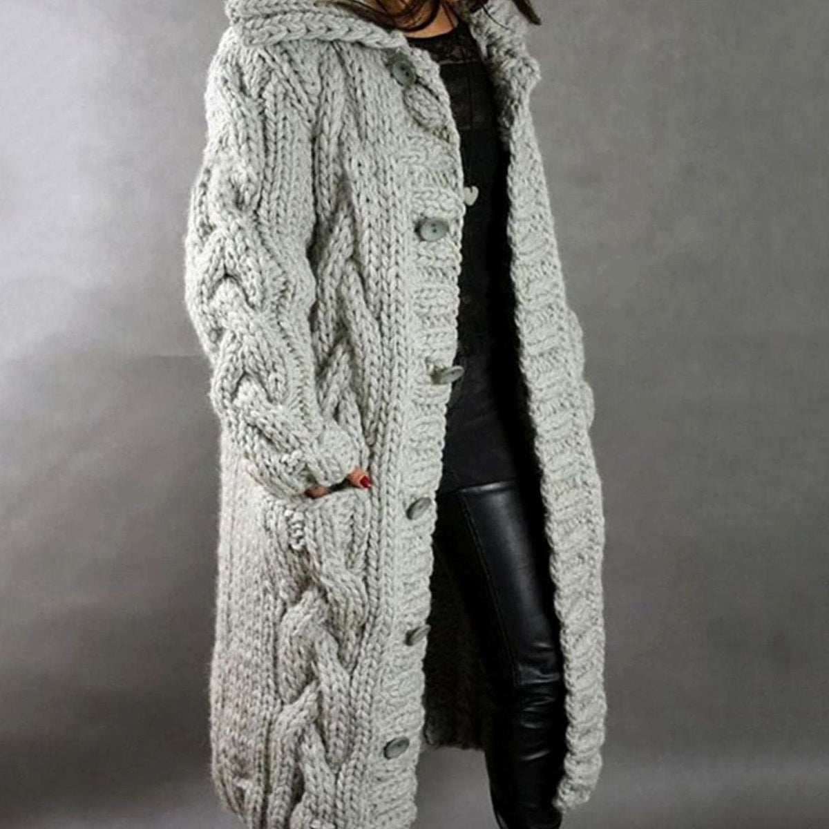 Women's Oversized Cable-Knit Hooded Button Long Cardigan Coat
