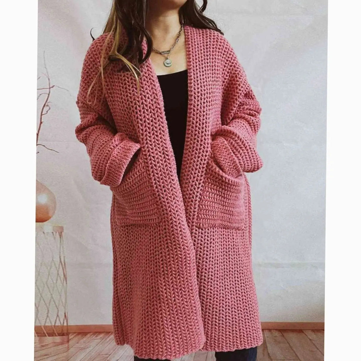 Women's Oversized Chunky-Knit Open-Front Long Cardigan with Pockets