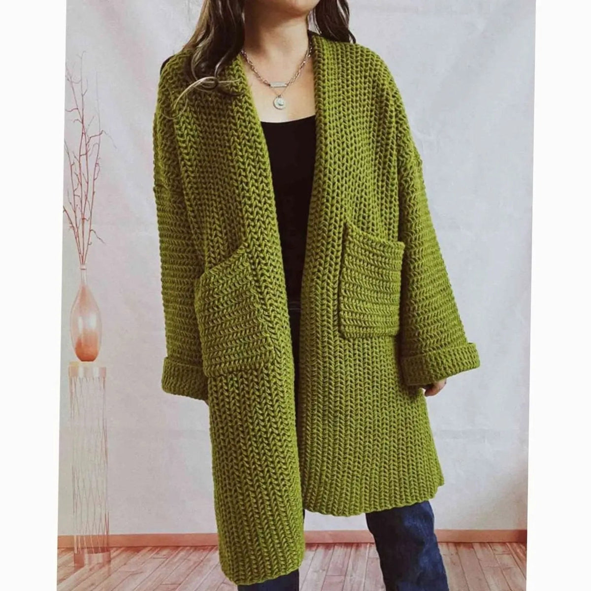 Women's Oversized Chunky-Knit Open-Front Long Cardigan with Pockets