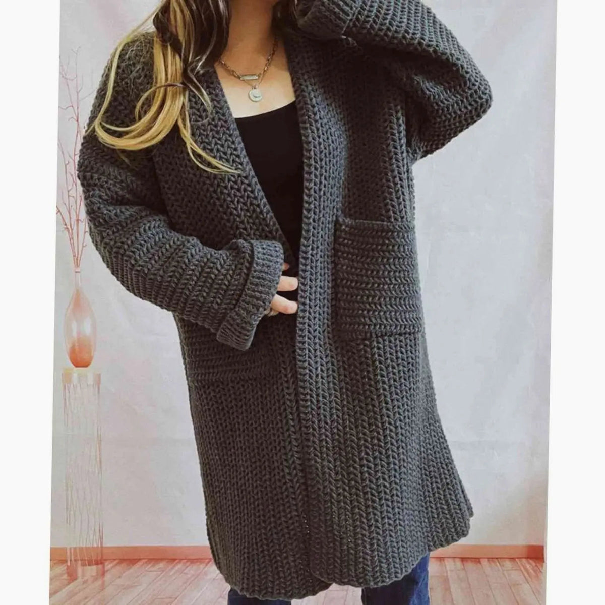 Women's Oversized Chunky-Knit Open-Front Long Cardigan with Pockets