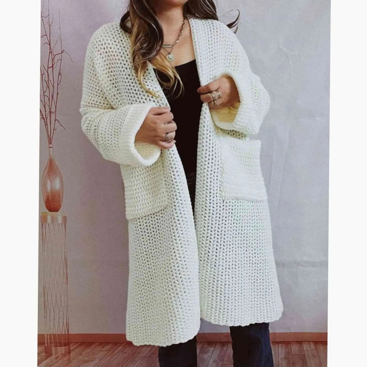 Women's Oversized Chunky-Knit Open-Front Long Cardigan with Pockets
