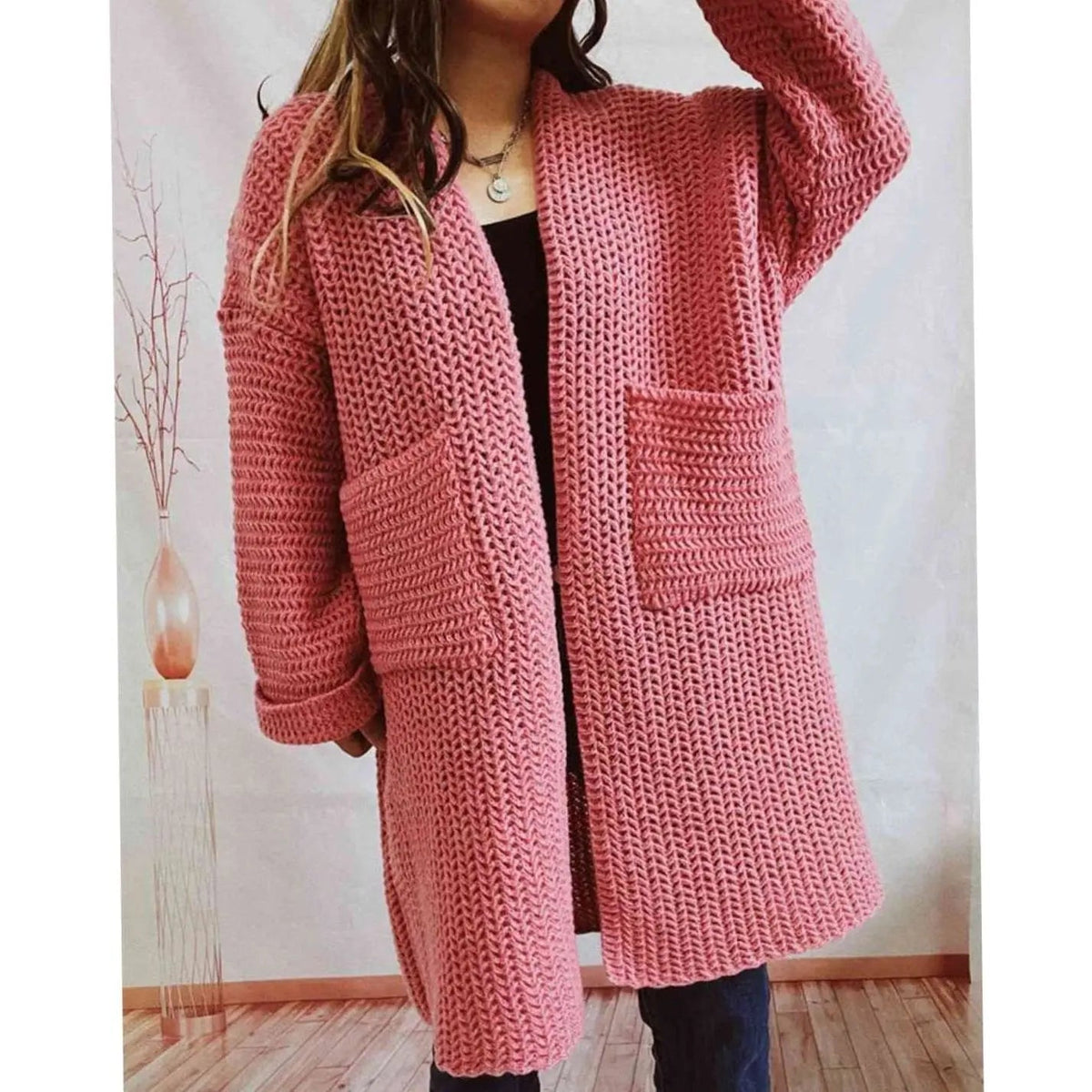 Women's Oversized Chunky-Knit Open-Front Long Cardigan with Pockets