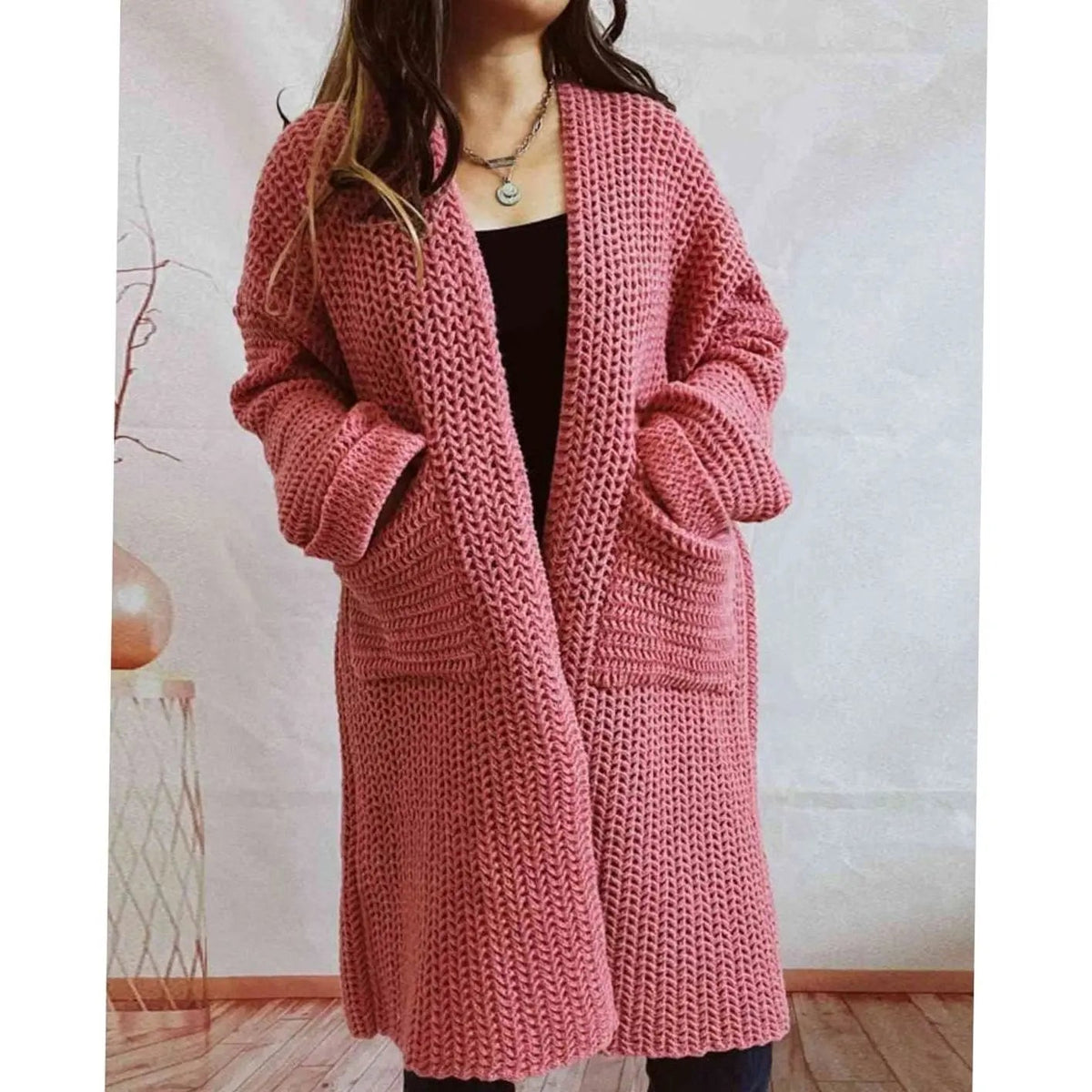 Women's Oversized Chunky-Knit Open-Front Long Cardigan with Pockets