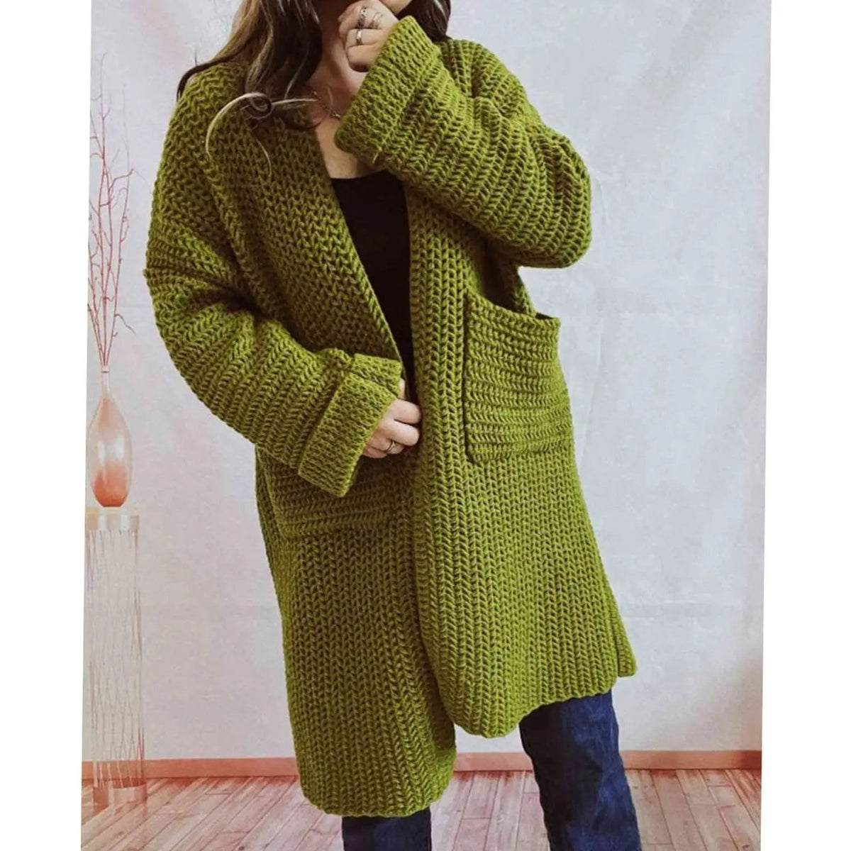 Women's Oversized Chunky-Knit Open-Front Long Cardigan with Pockets