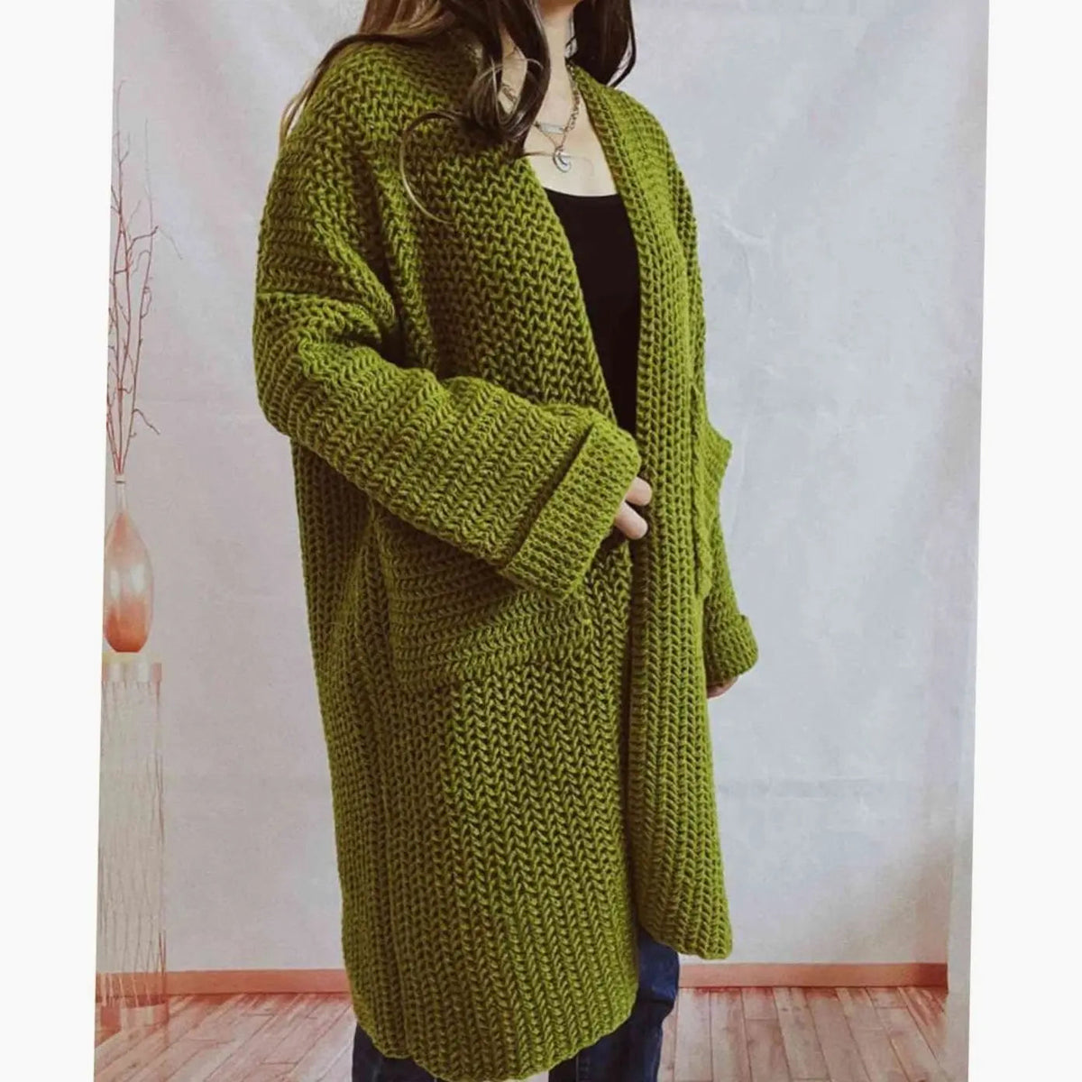 Women's Oversized Chunky-Knit Open-Front Long Cardigan with Pockets