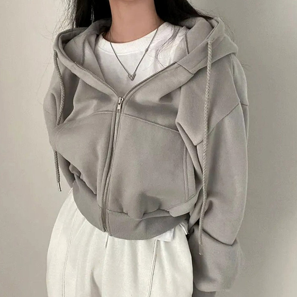 Women's Oversized Cropped Zip-Up Fleece Drawstring Hoodie Sweatshirt