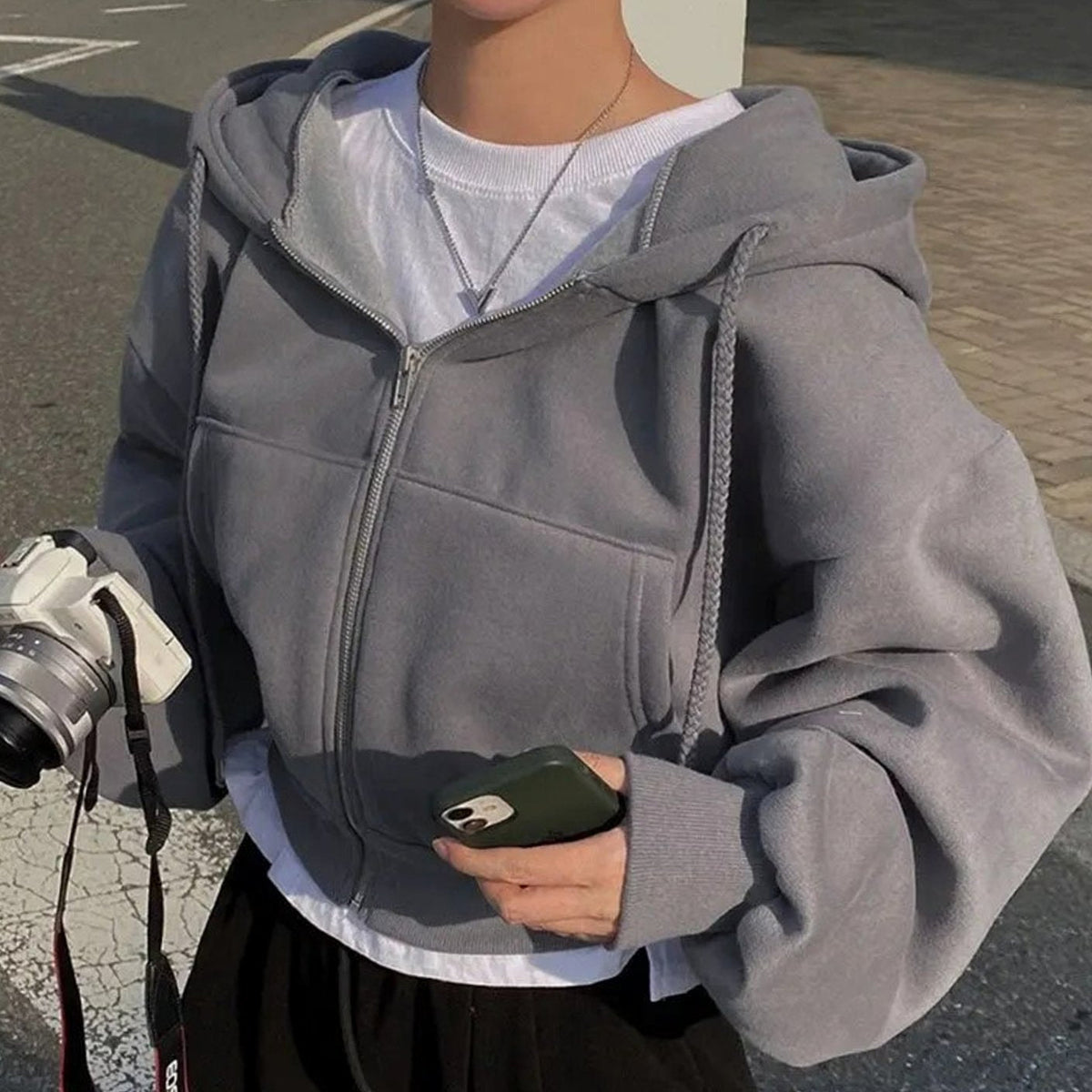 Women's Oversized Cropped Zip-Up Fleece Drawstring Hoodie Sweatshirt