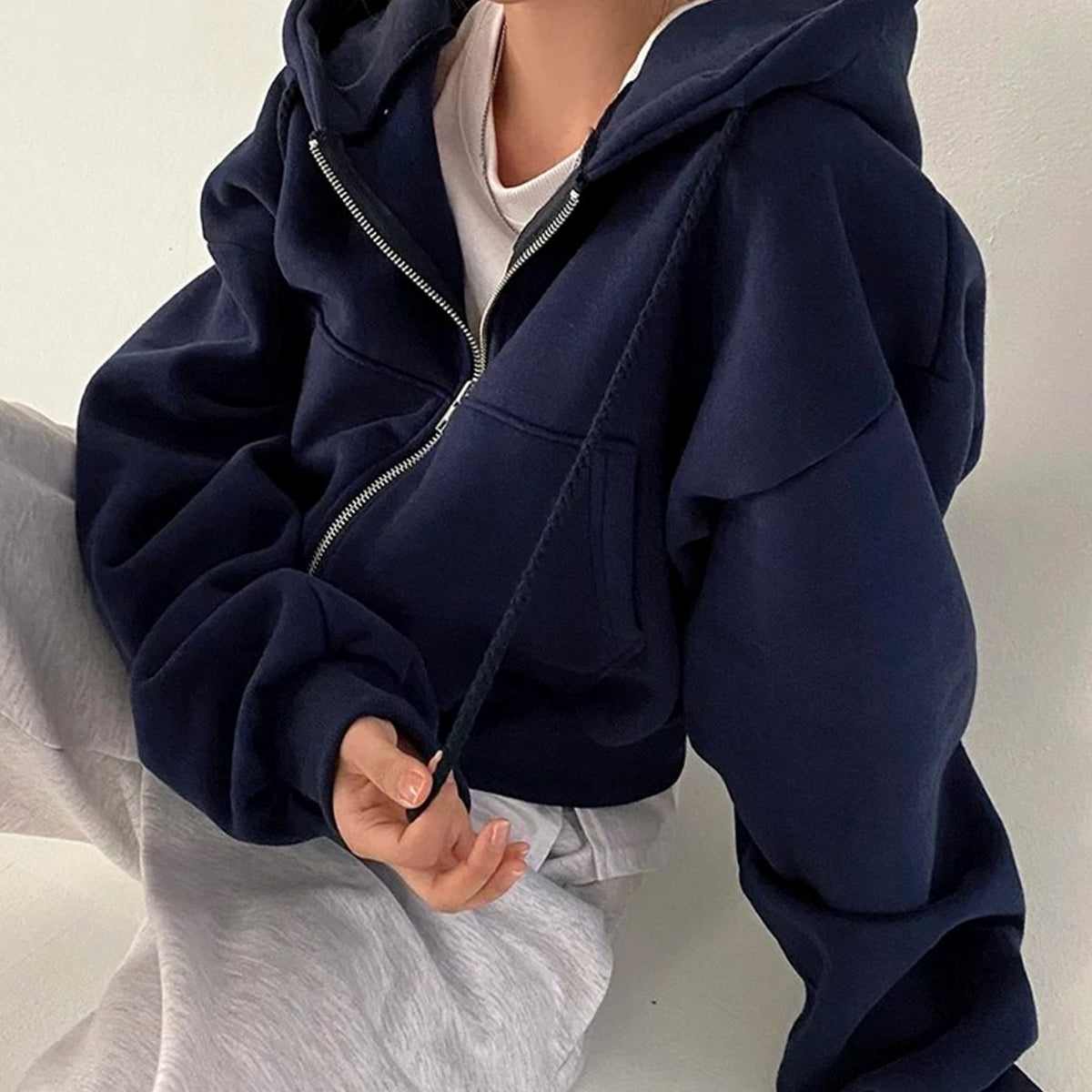 Women's Oversized Cropped Zip-Up Fleece Drawstring Hoodie Sweatshirt