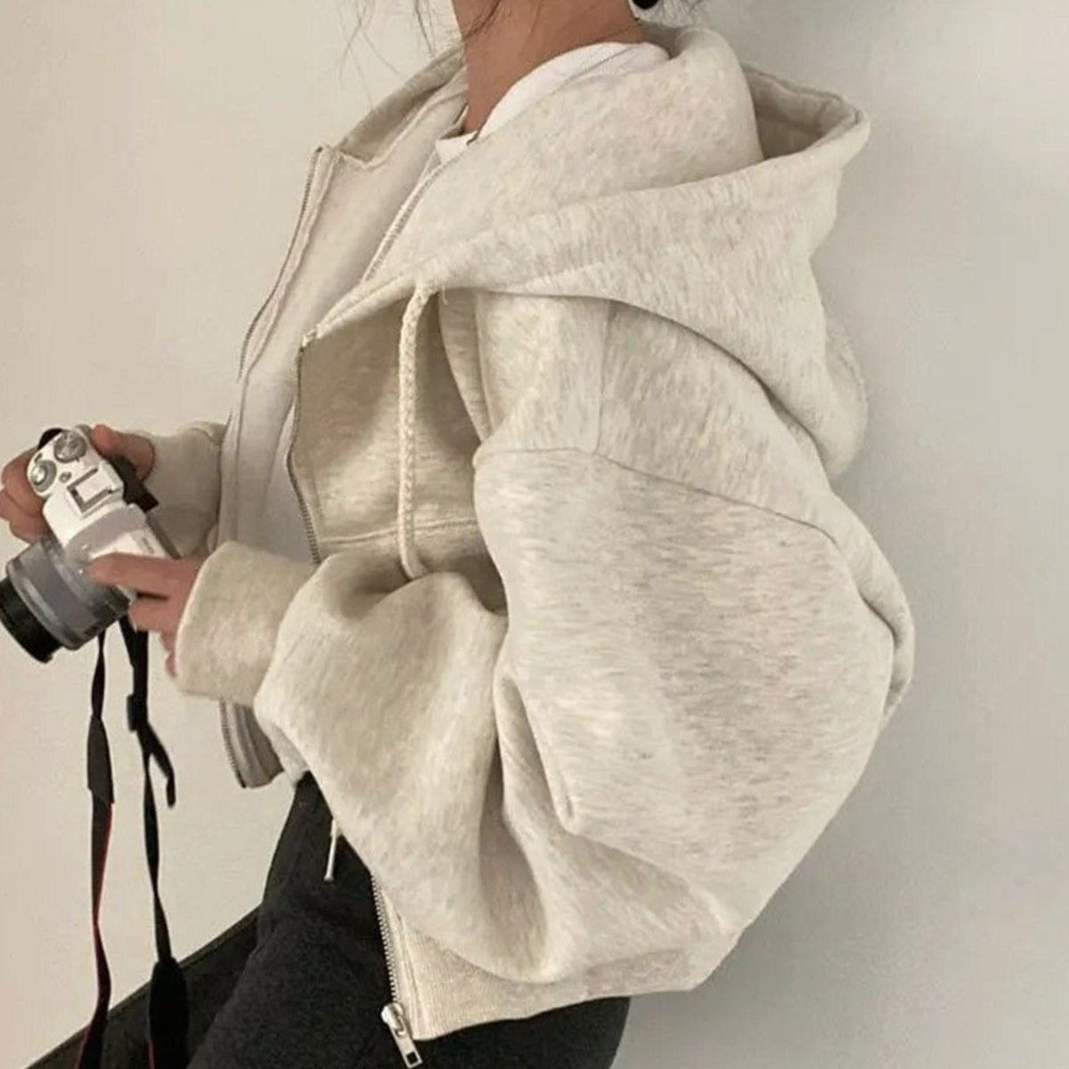 Women's Oversized Cropped Zip-Up Fleece Drawstring Hoodie Sweatshirt