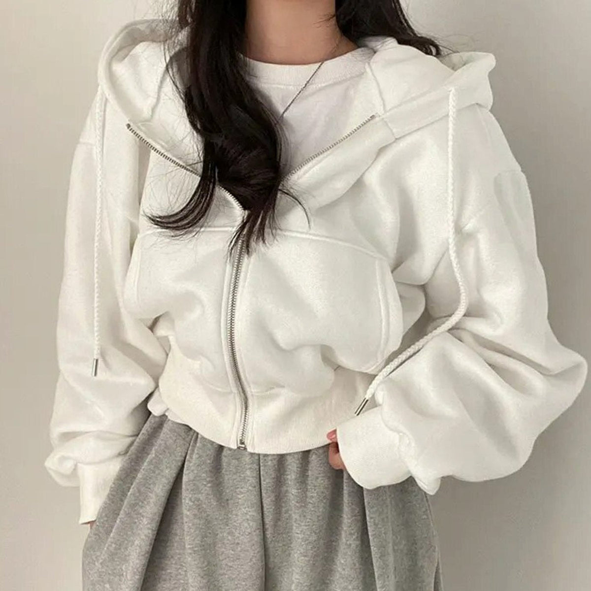 Women's Oversized Cropped Zip-Up Fleece Drawstring Hoodie Sweatshirt