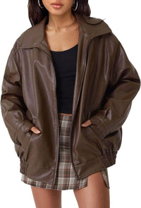 Women's Oversized Faux Leather Zip-Up Bomber Jacket