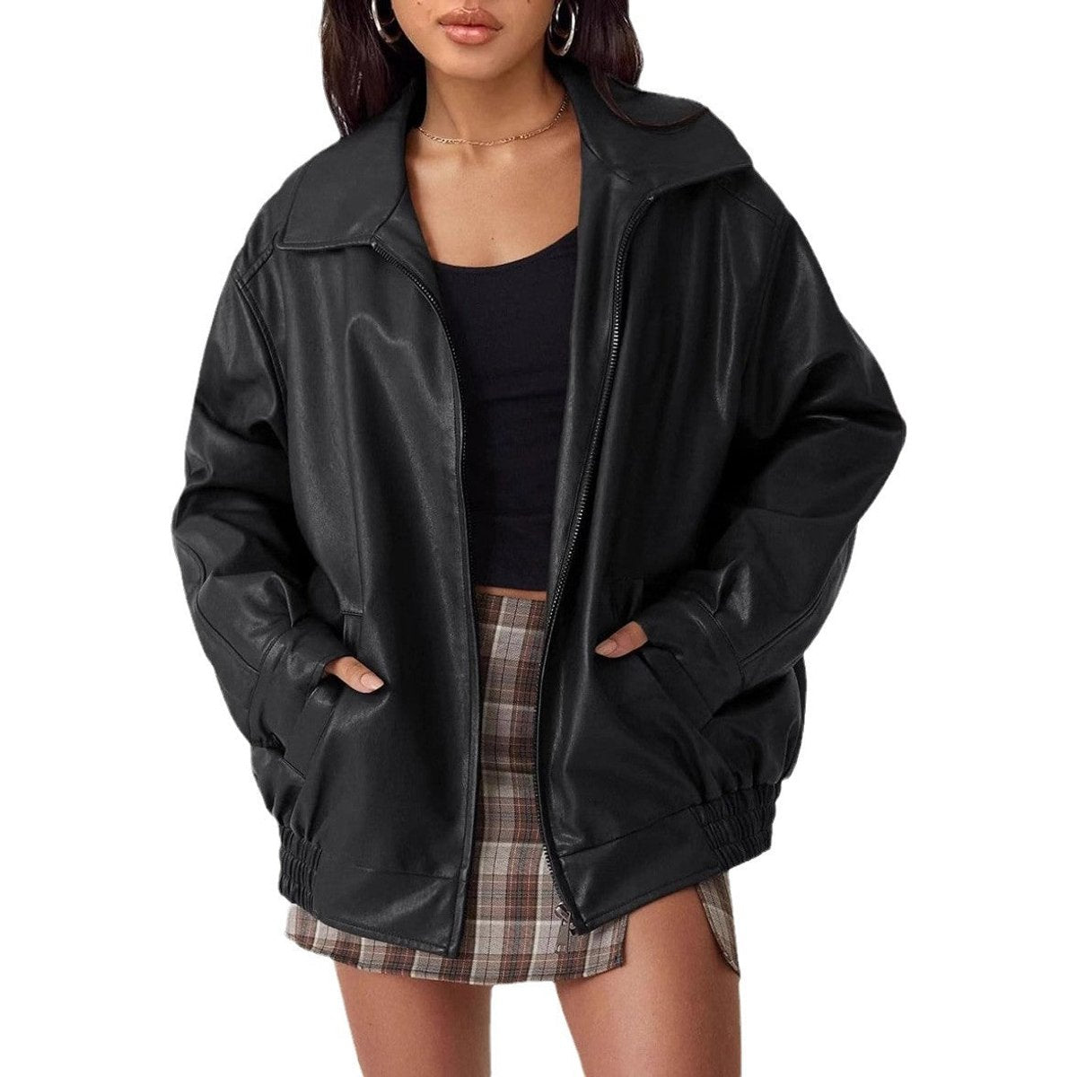 Women's Oversized Faux Leather Zip-Up Bomber Jacket