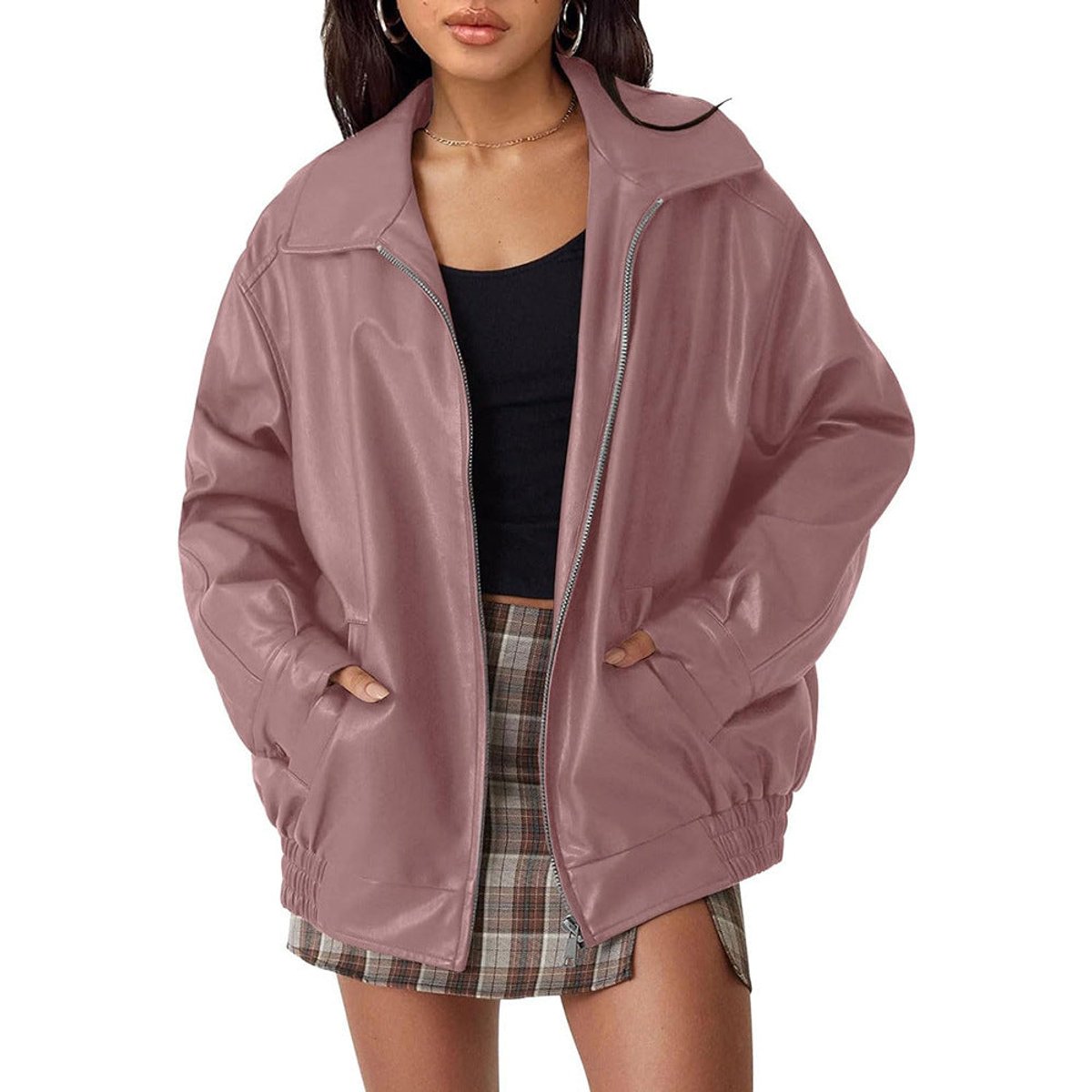 Women's Oversized Faux Leather Zip-Up Bomber Jacket