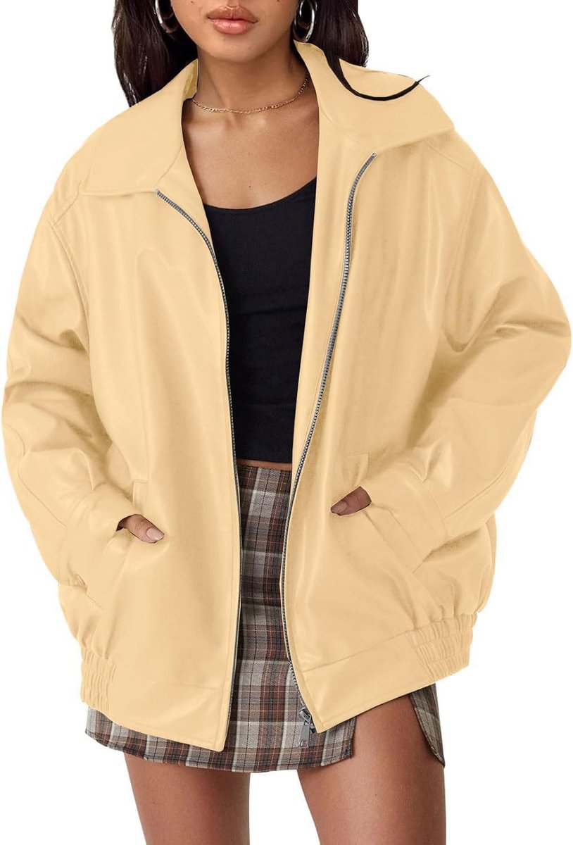 Women's Oversized Faux Leather Zip-Up Bomber Jacket