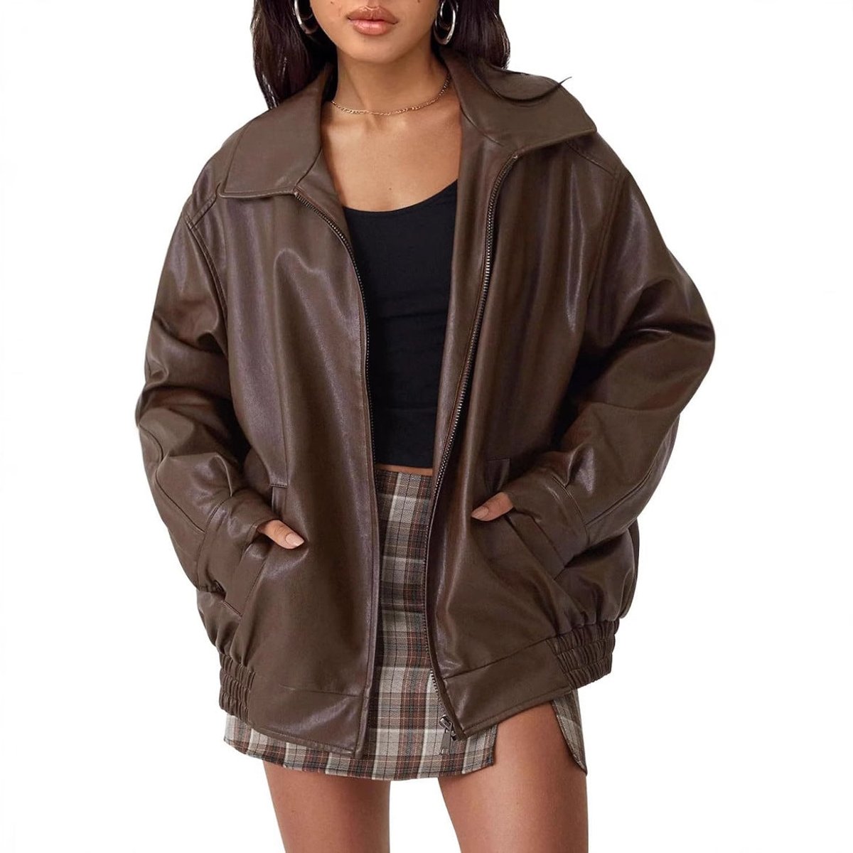 Women's Oversized Faux Leather Zip-Up Bomber Jacket