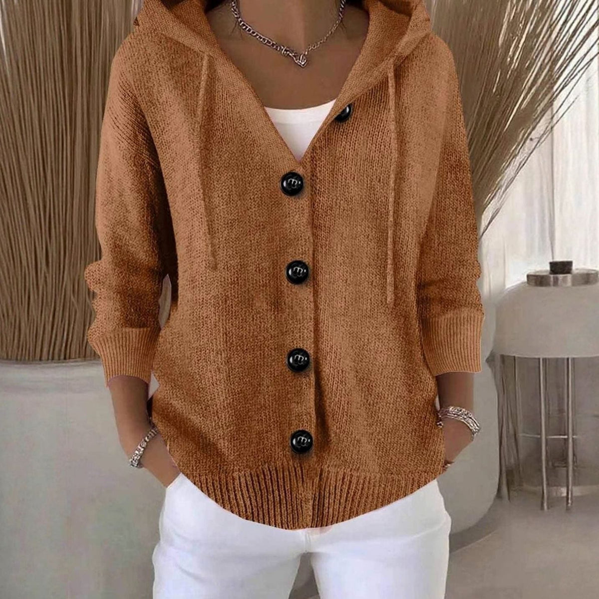 Women's Oversized Hooded Button-Front Knit Cardigan Sweater