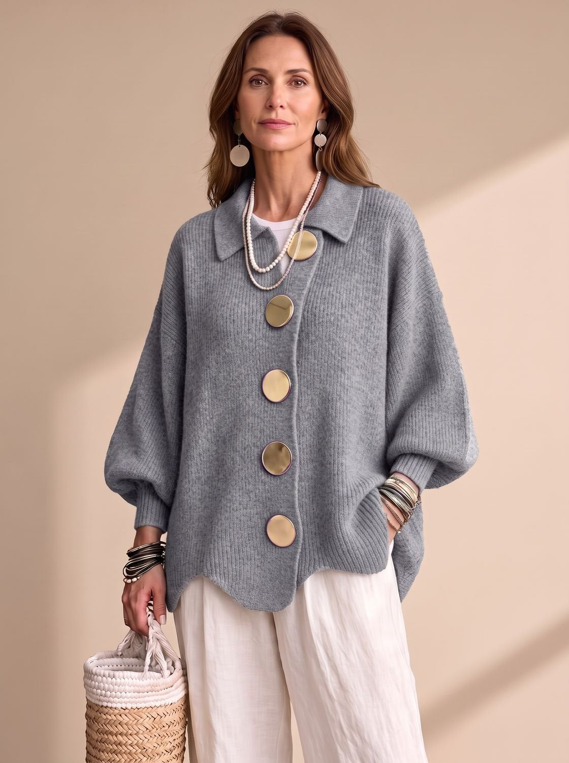 Women's Oversized Lantern-Sleeve Gold-Button Knit Cardigan