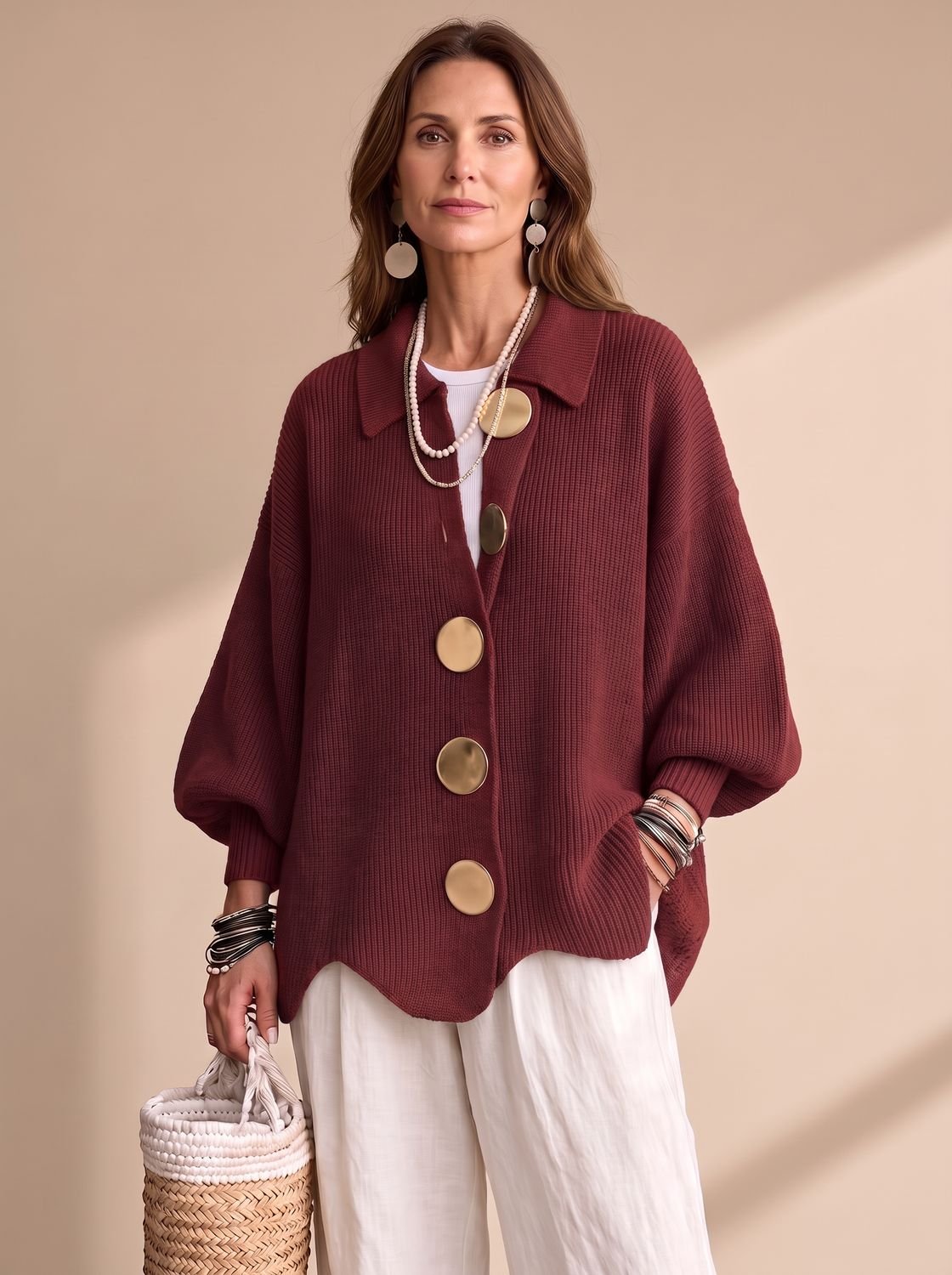 Women's Oversized Lantern-Sleeve Gold-Button Knit Cardigan