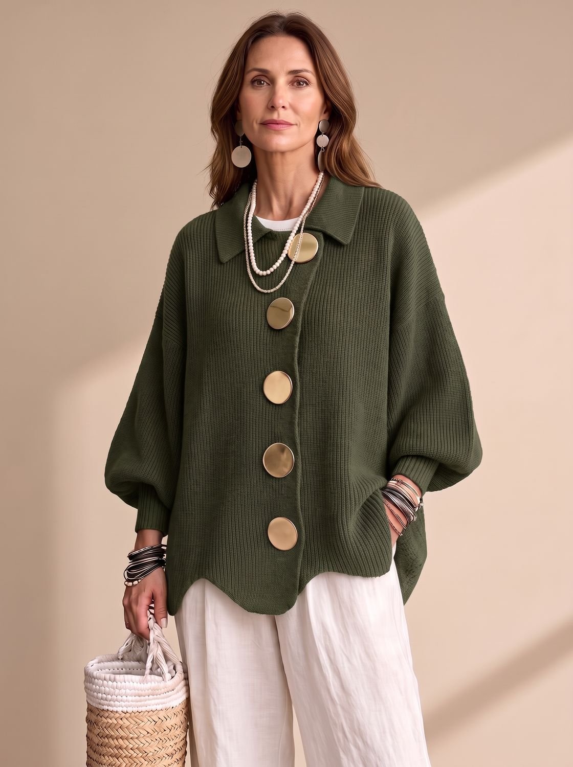 Women's Oversized Lantern-Sleeve Gold-Button Knit Cardigan