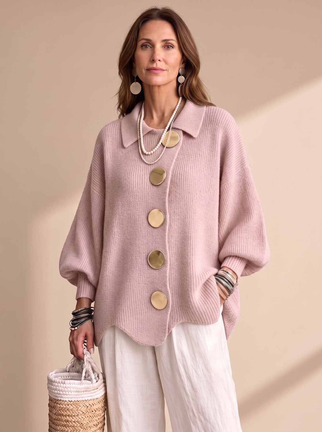 Women's Oversized Lantern-Sleeve Gold-Button Knit Cardigan