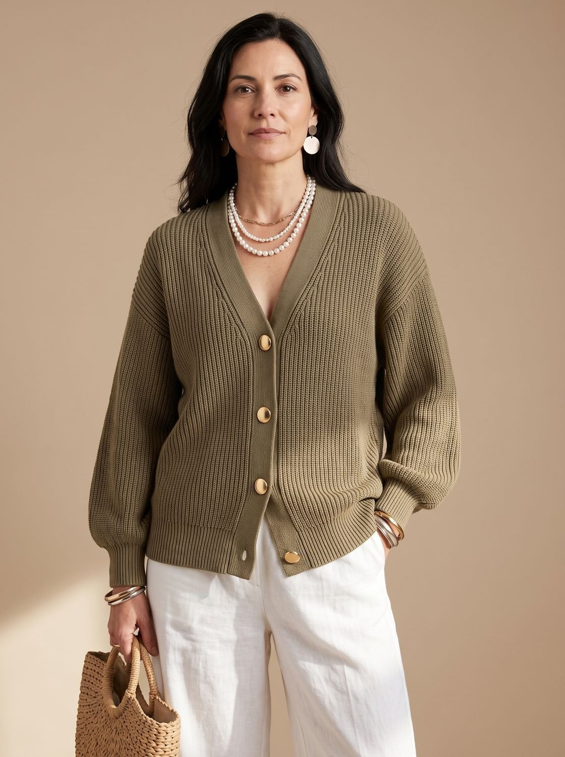 Women's Oversized Lantern-Sleeve Gold-Button Knit Cardigan