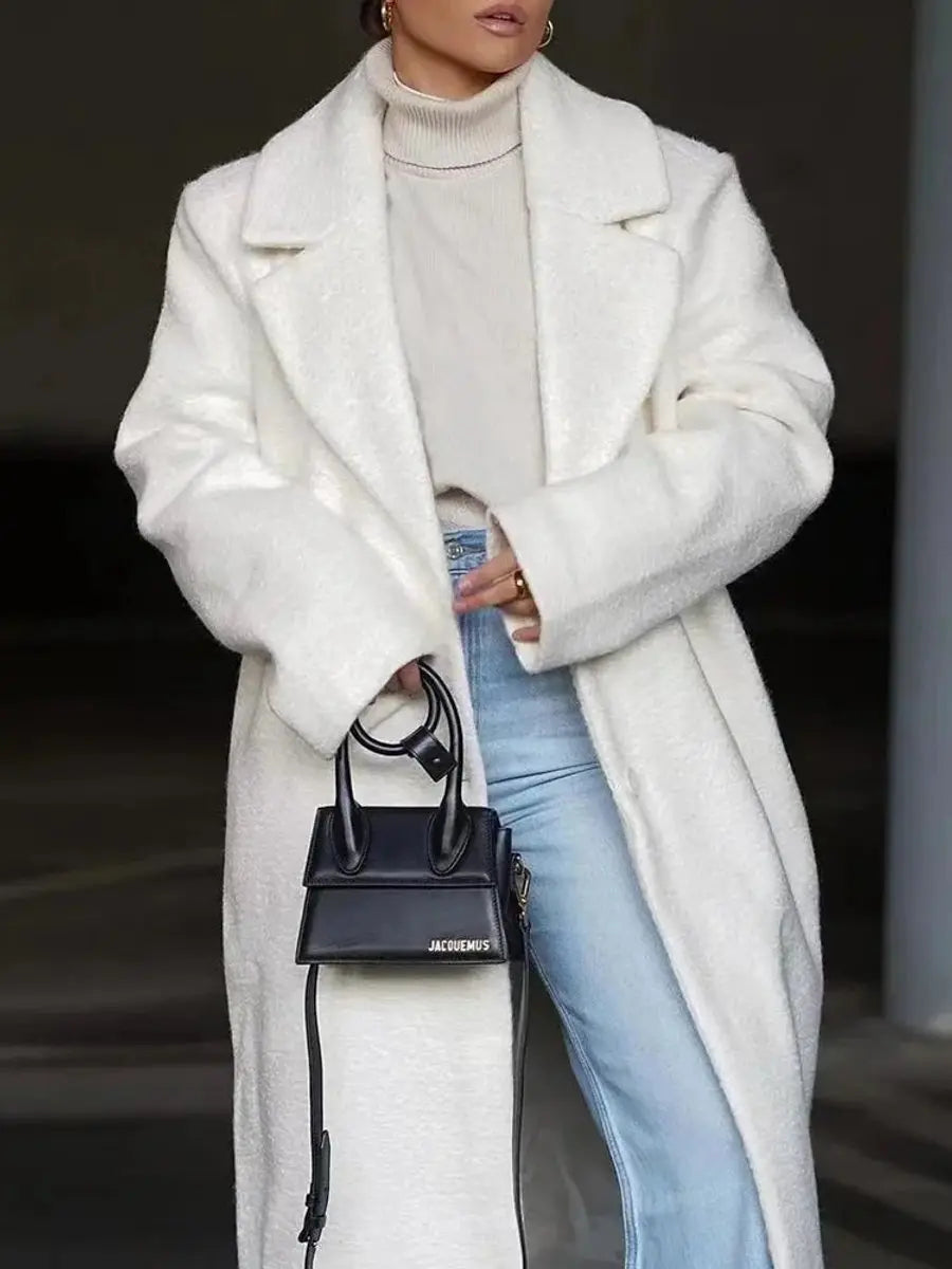 Women's Oversized Lapel Single-Breasted Long Wool-Look Coat