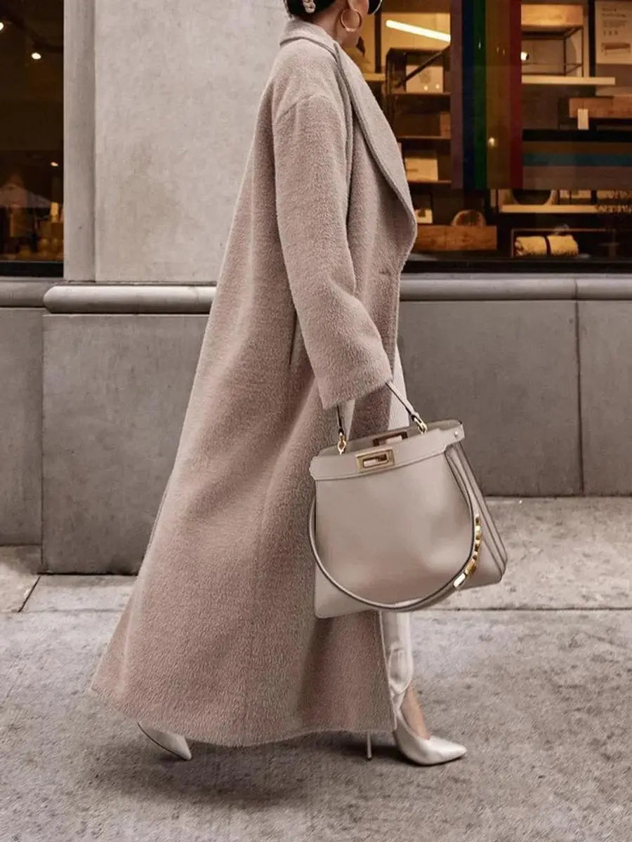 Women's Oversized Lapel Single-Breasted Long Wool-Look Coat