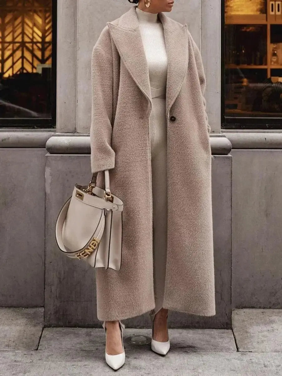 Women's Oversized Lapel Single-Breasted Long Wool-Look Coat