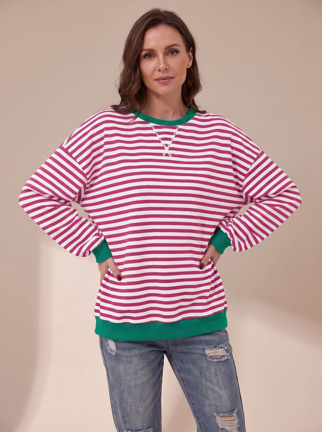 Women's Oversized Retro Striped Crewneck Sweatshirt