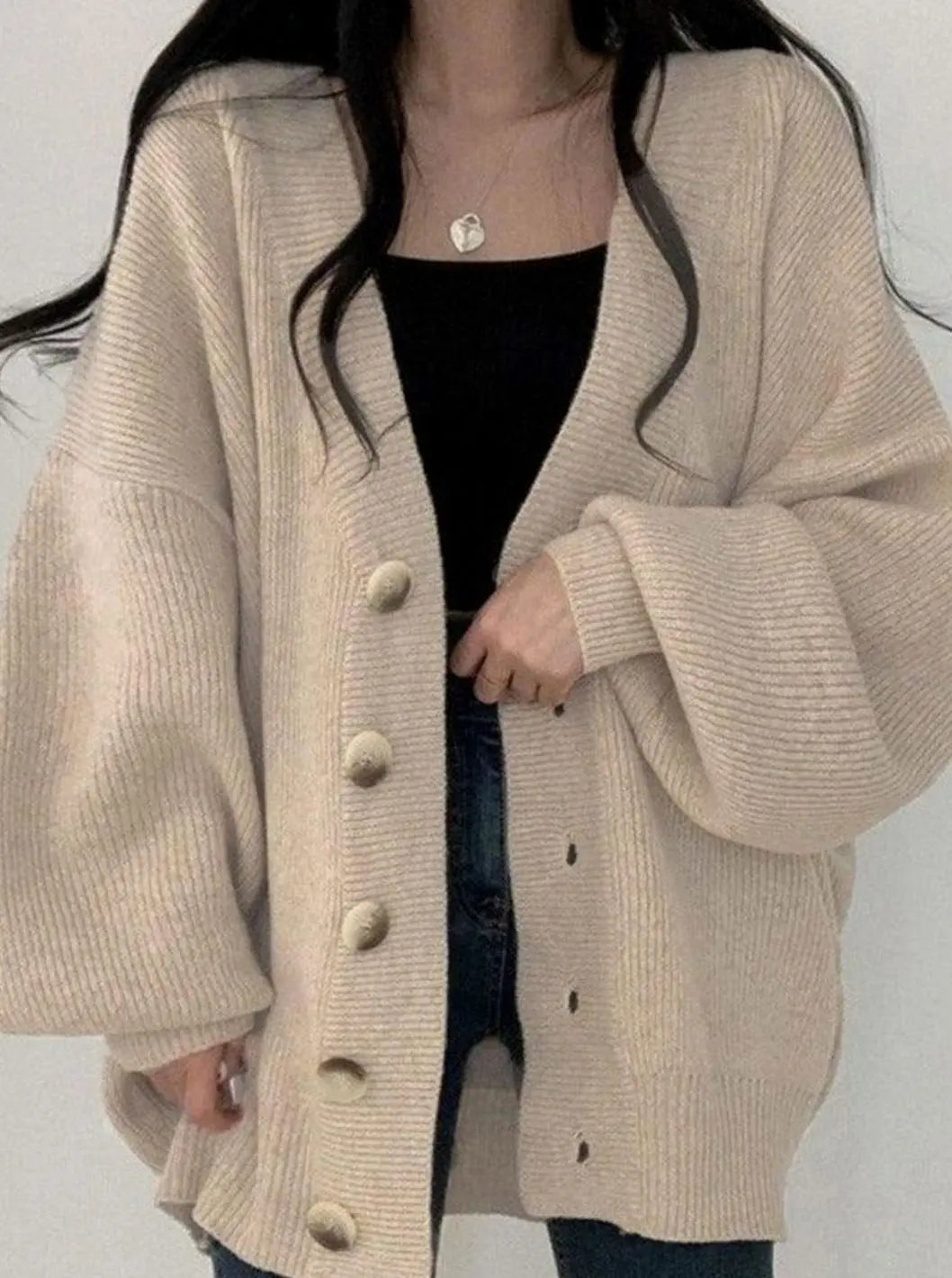 Women's Oversized Ribbed Knit Balloon-Sleeve Button-Down Cardigan