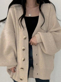 Women's Oversized Ribbed Knit Balloon-Sleeve Button-Down Cardigan