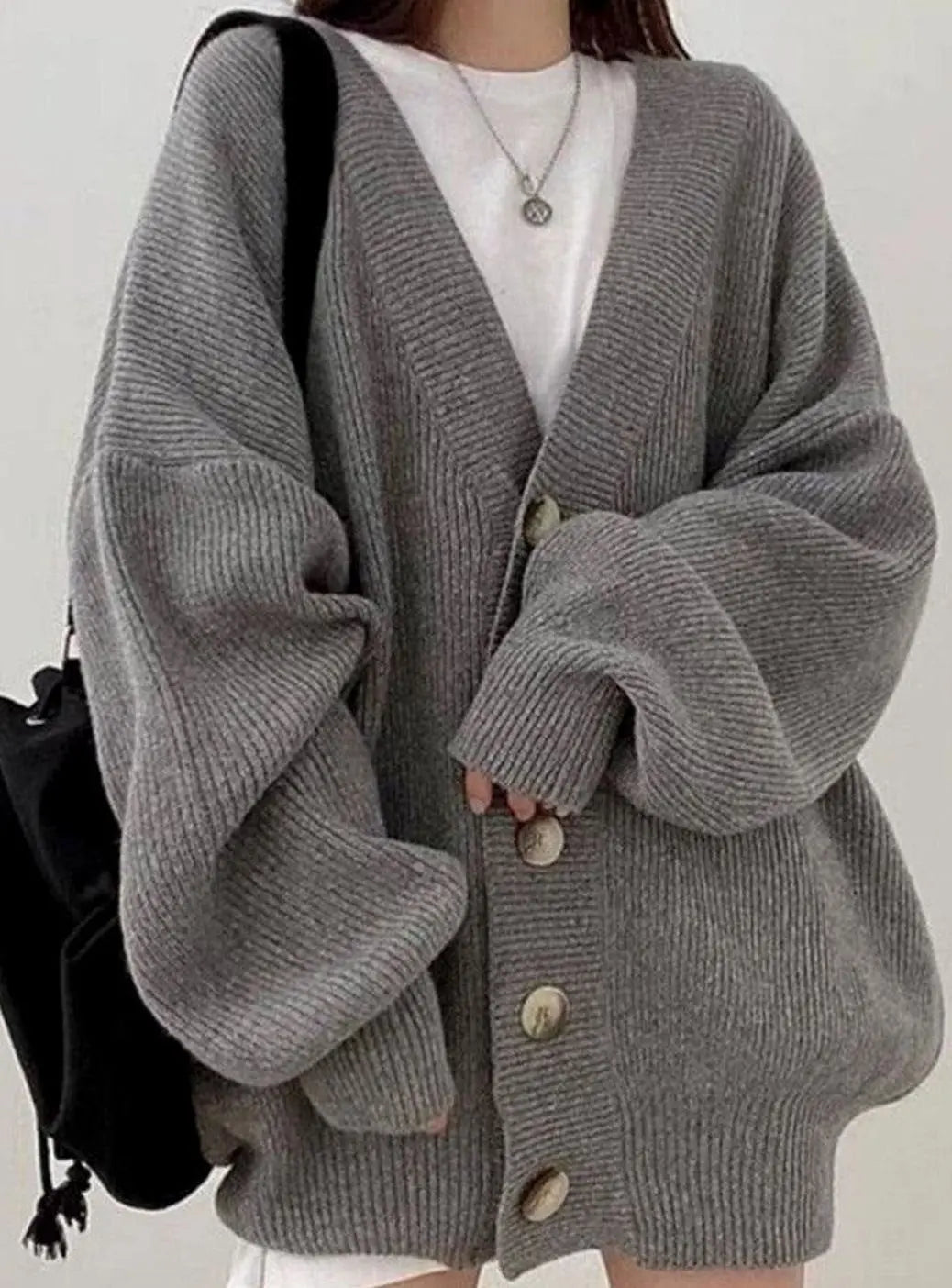 Women's Oversized Ribbed Knit Balloon-Sleeve Button-Down Cardigan
