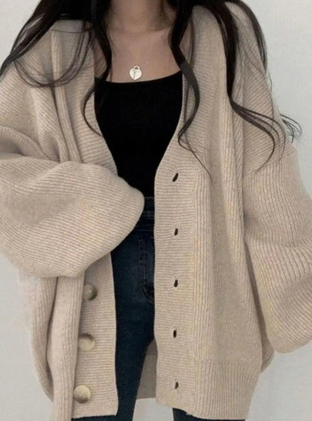 Women's Oversized Ribbed Knit Balloon-Sleeve Button-Down Cardigan