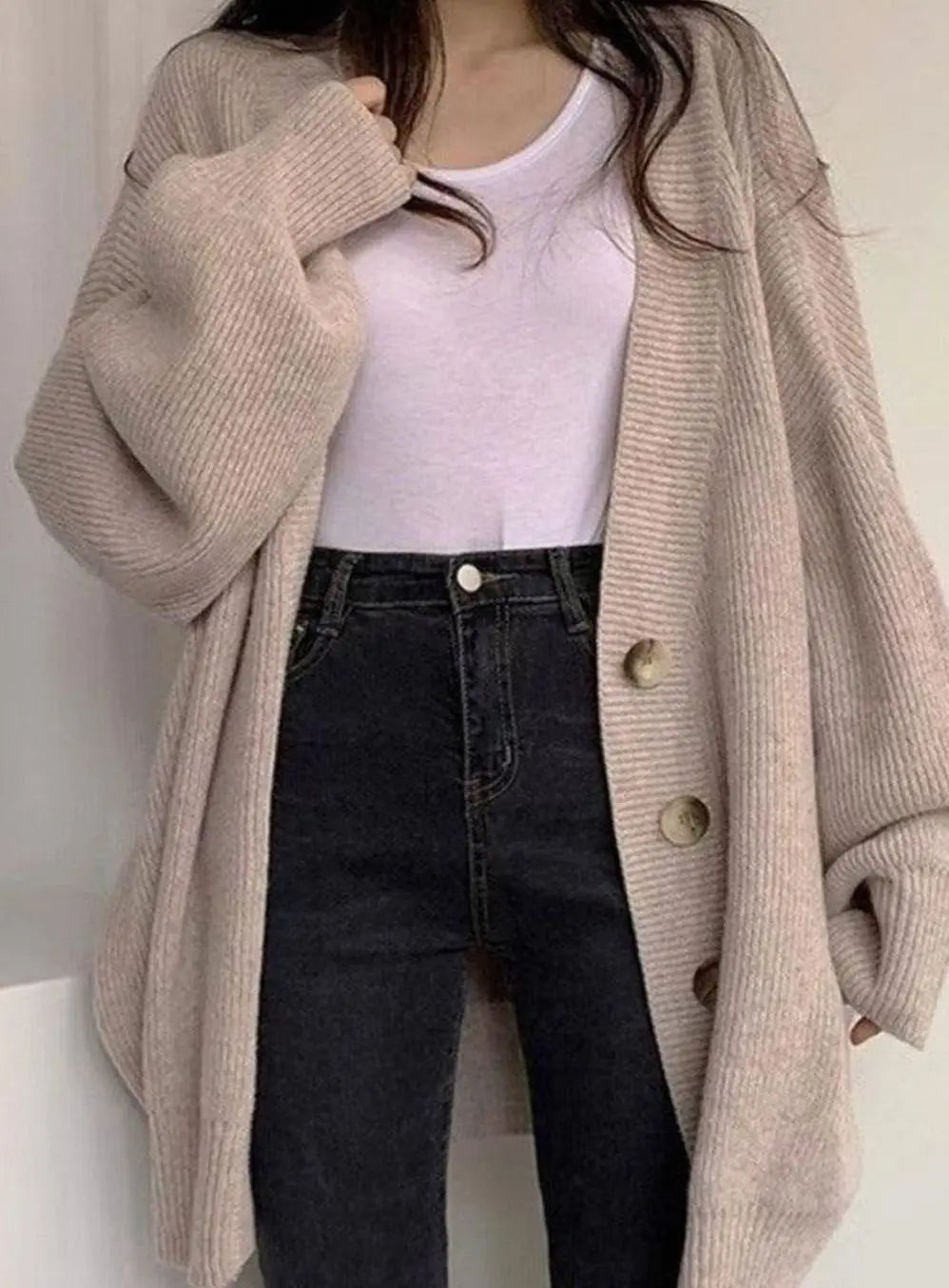 Women's Oversized Ribbed Knit Balloon-Sleeve Button-Down Cardigan
