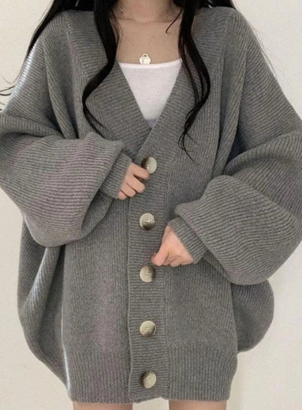 Women's Oversized Ribbed Knit Balloon-Sleeve Button-Down Cardigan
