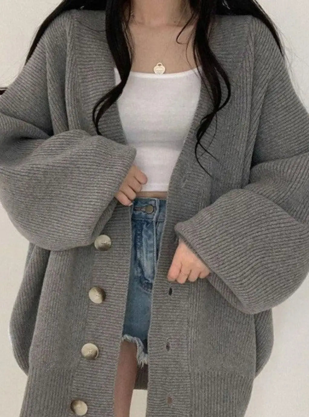 Women's Oversized Ribbed Knit Balloon-Sleeve Button-Down Cardigan