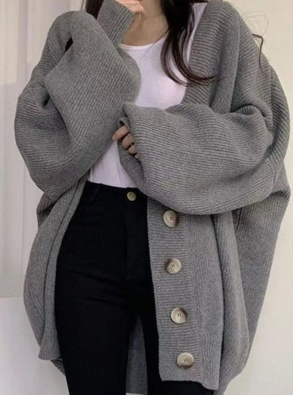 Women's Oversized Ribbed Knit Balloon-Sleeve Button-Down Cardigan