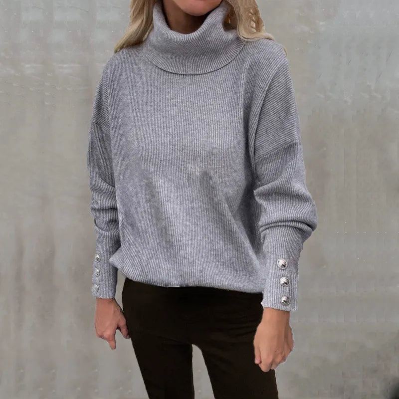 Women's Oversized Turtleneck Sweater with Button-Cuff Sleeves