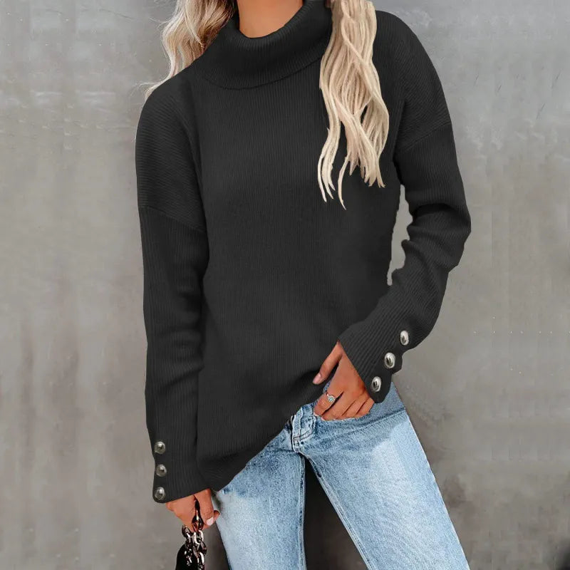 Women's Oversized Turtleneck Sweater with Button-Cuff Sleeves