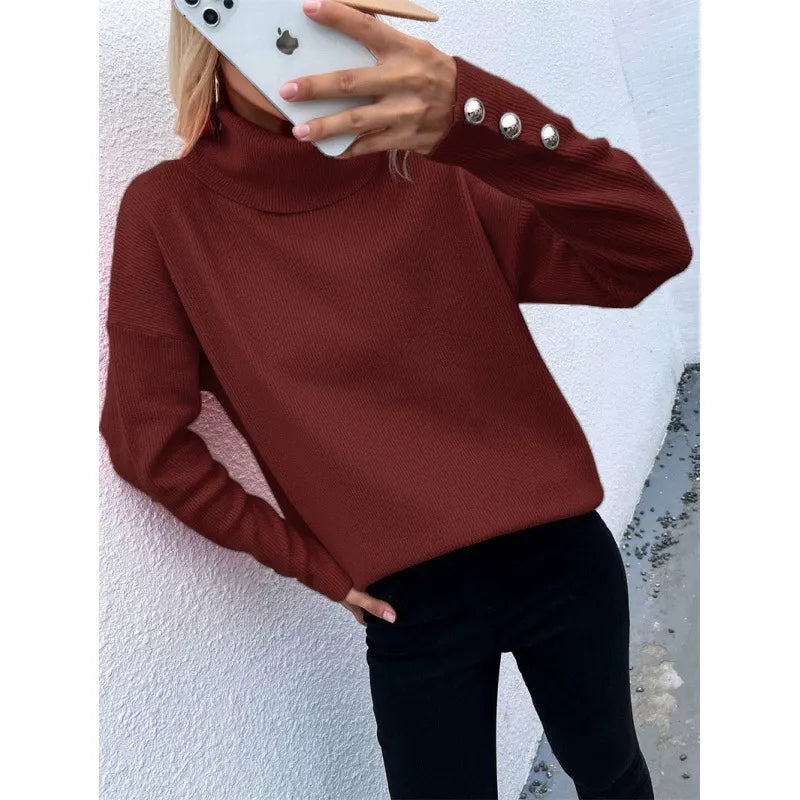Women's Oversized Turtleneck Sweater with Button-Cuff Sleeves
