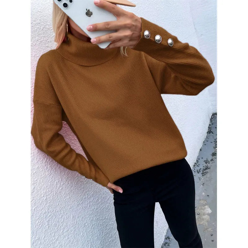 Women's Oversized Turtleneck Sweater with Button-Cuff Sleeves