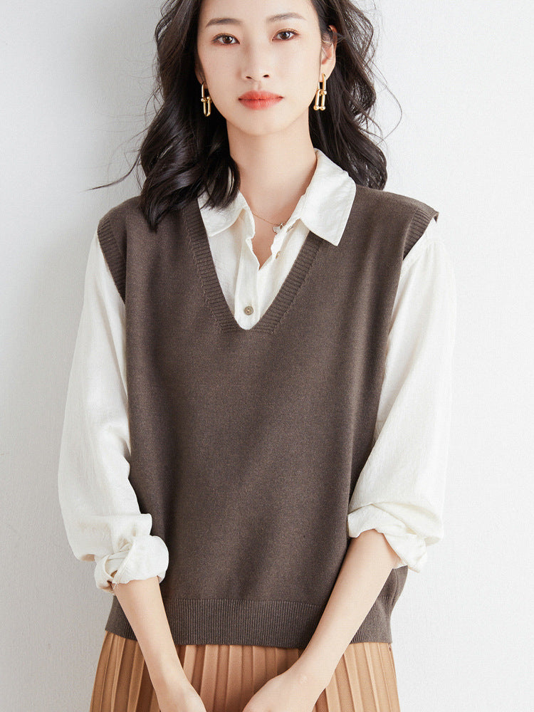 Women's Oversized V-Neck Fine-Knit Vest with Ribbed Hem